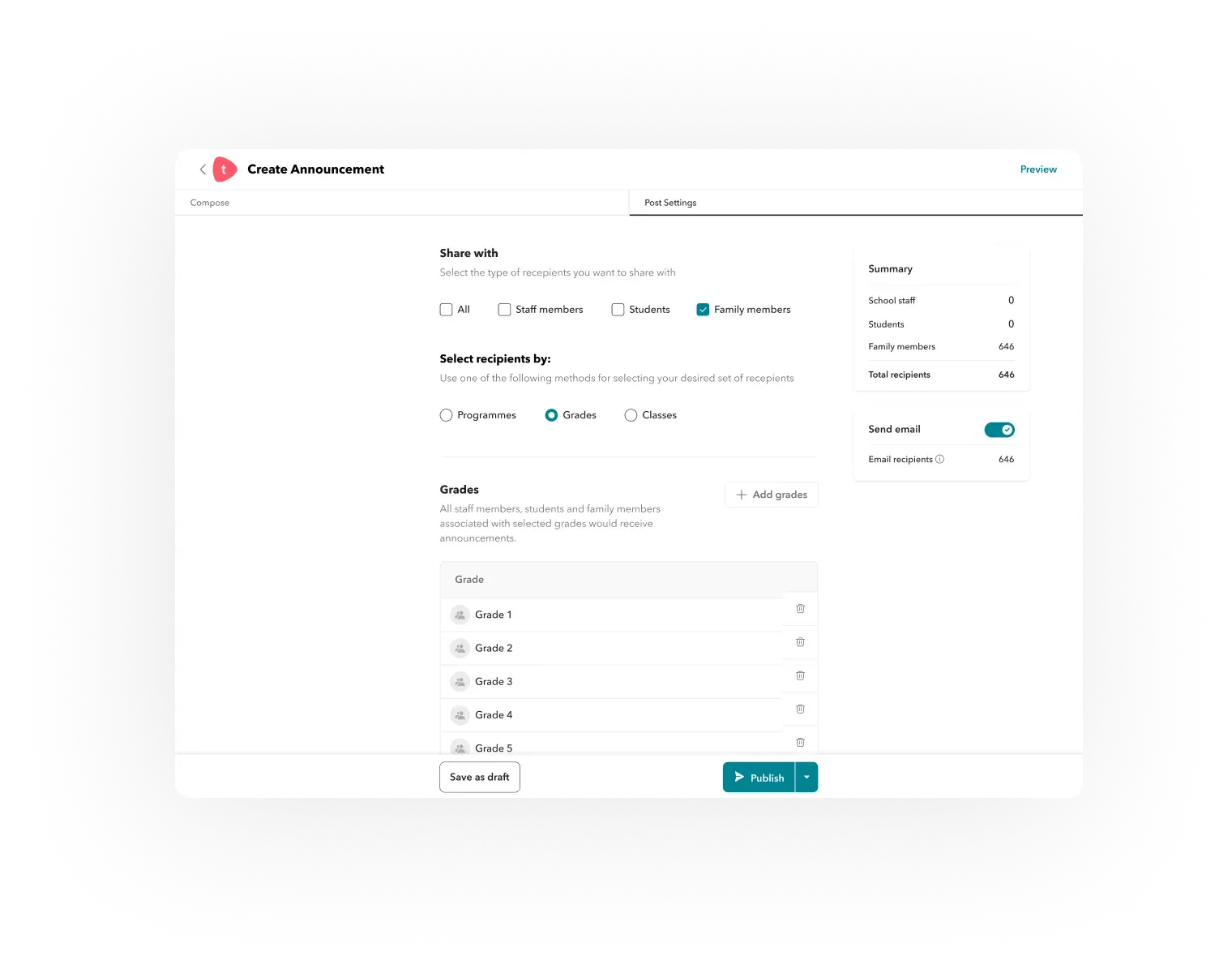 Creation of an announcement for class, grade, family or school-wide updates via Toddle