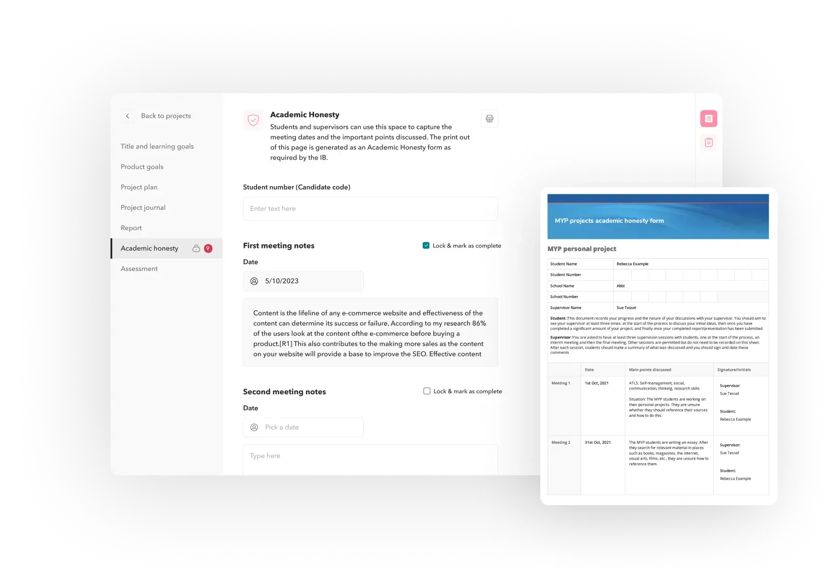 MYP Academic honesty forms integrated into the Toddle interface