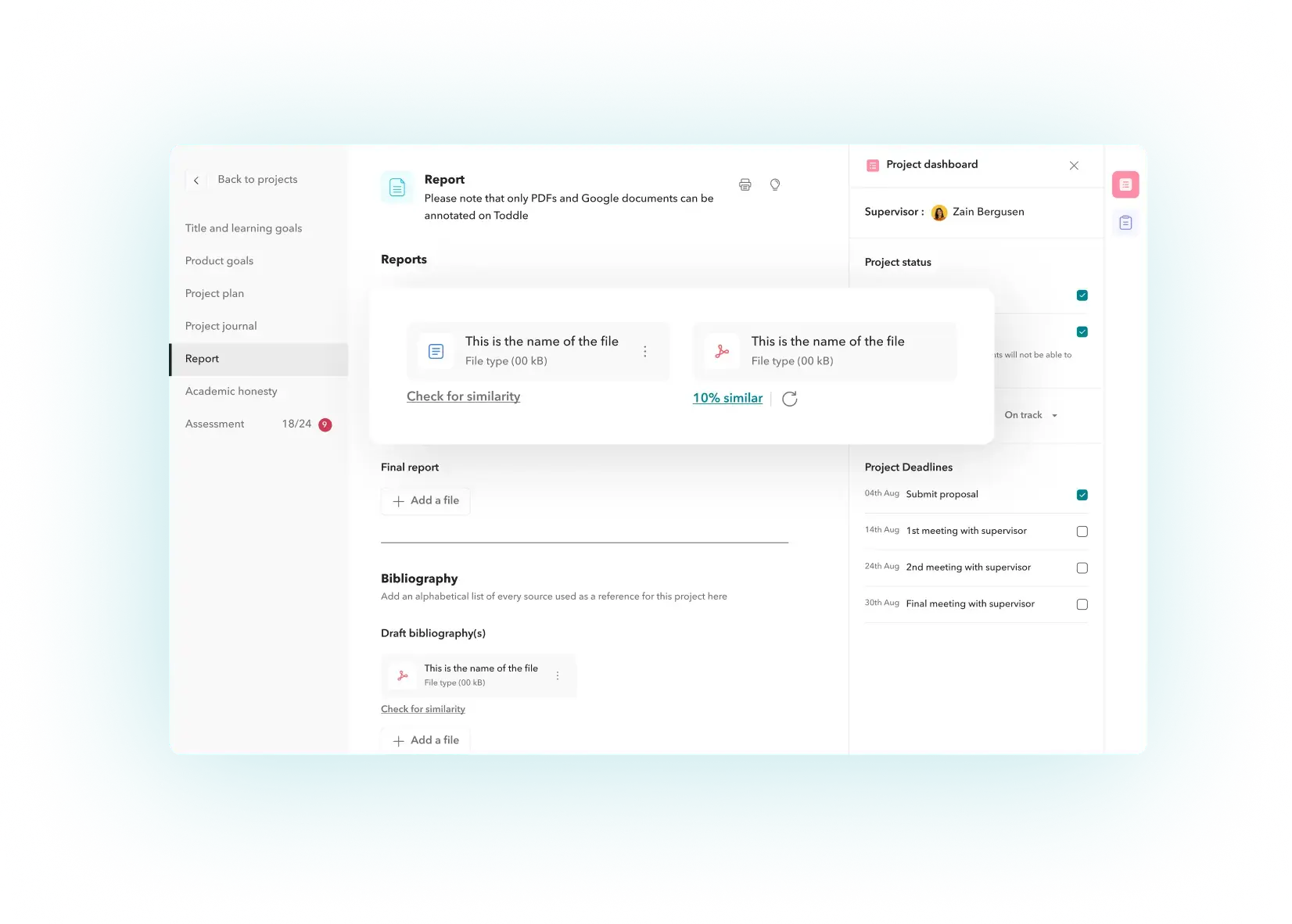 Steps to verify academic integrity with Turnitin integration in Toddle.