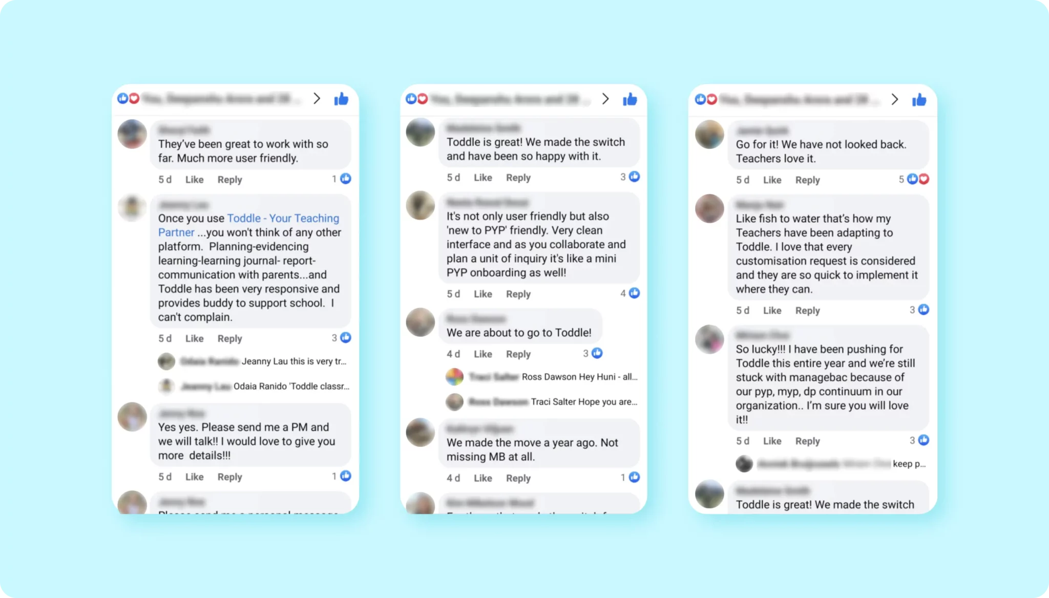 Social media comments appreciating Toddle's highly organised planning and learning'/></div></div><div><div class=