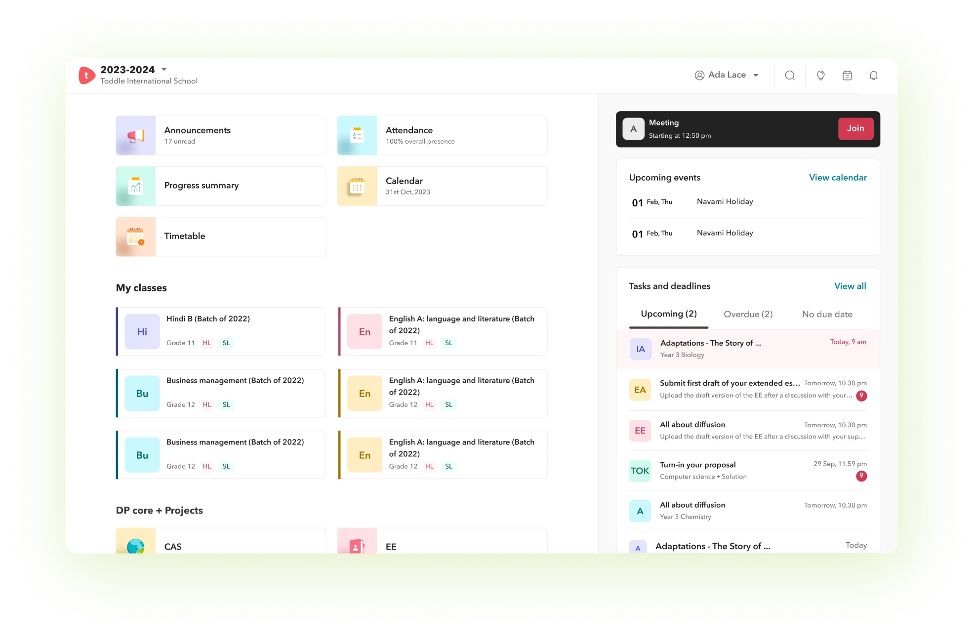 Toddle's Unified calendar view to see all the assessments, submissions and other important dates at one place. 